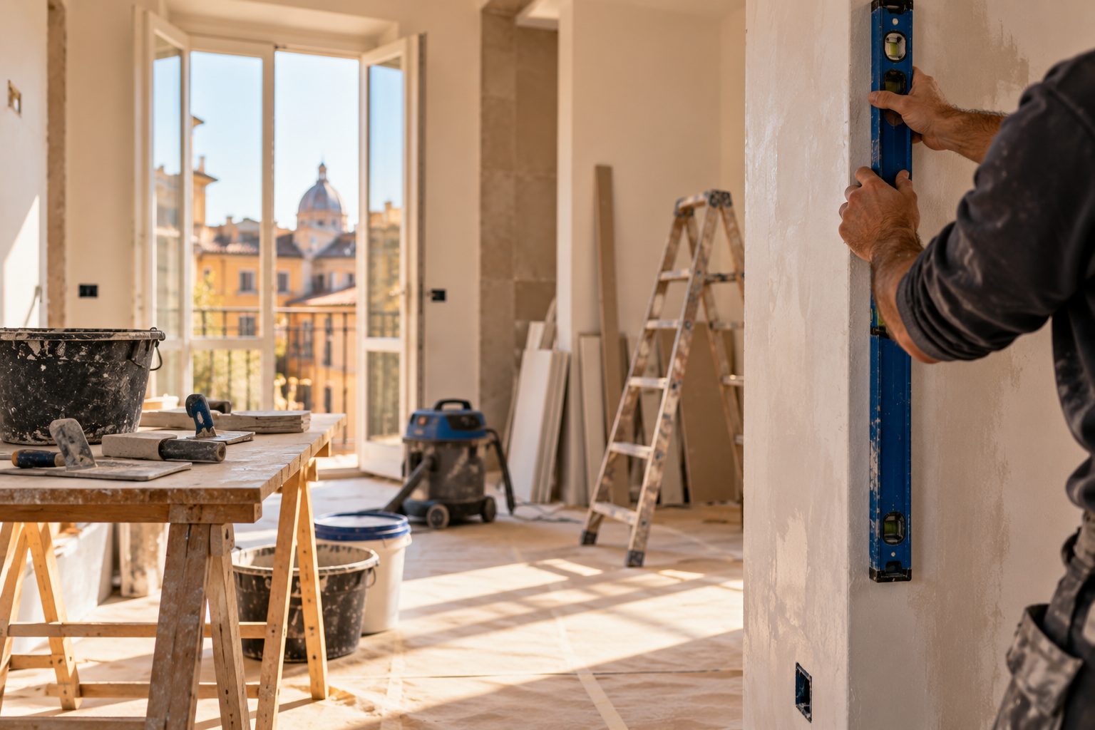 Cantiere di ristrutturazione ordinato con lavori in corso
