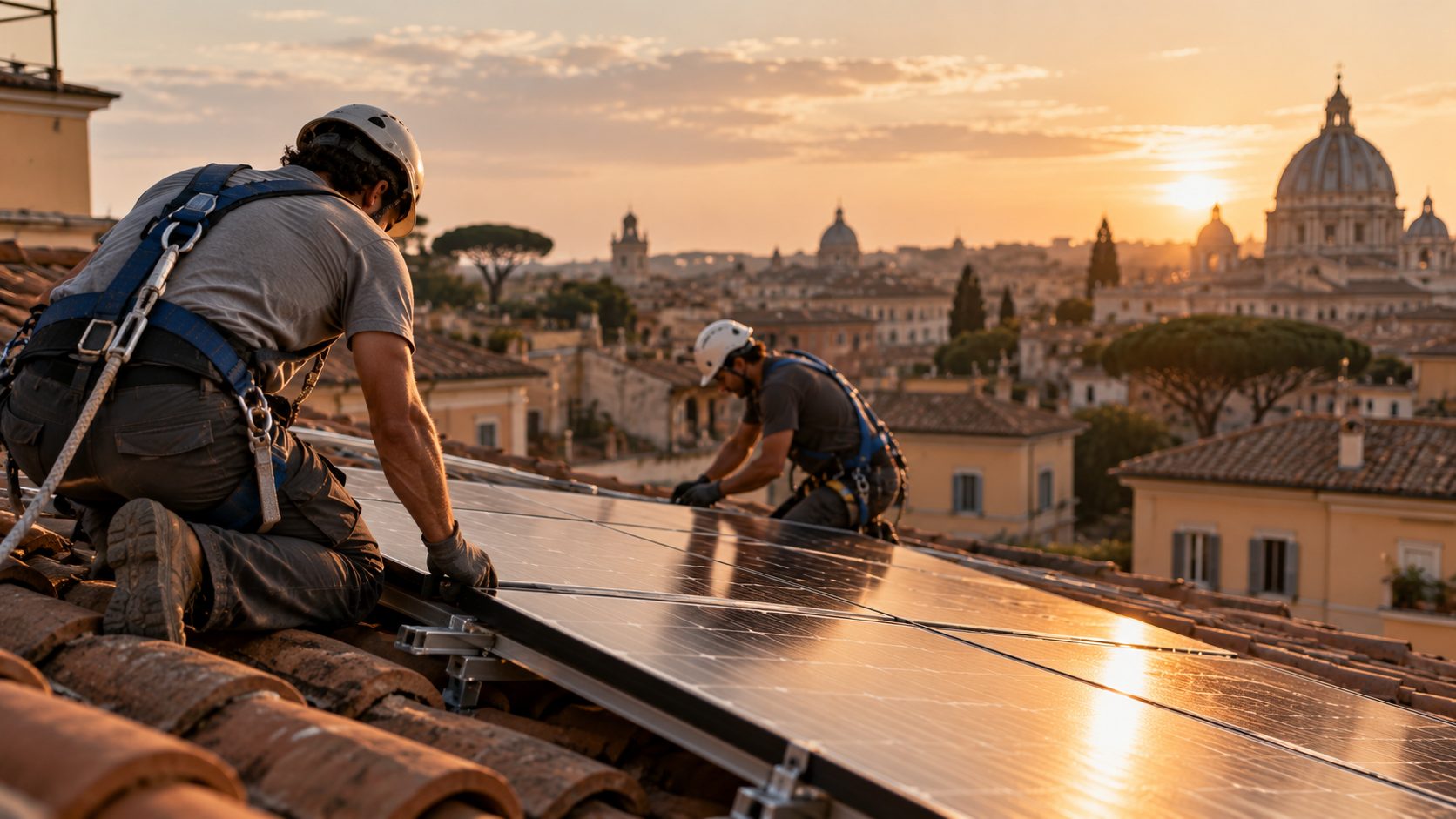 Installatori che montano pannelli fotovoltaici su un tetto di Roma