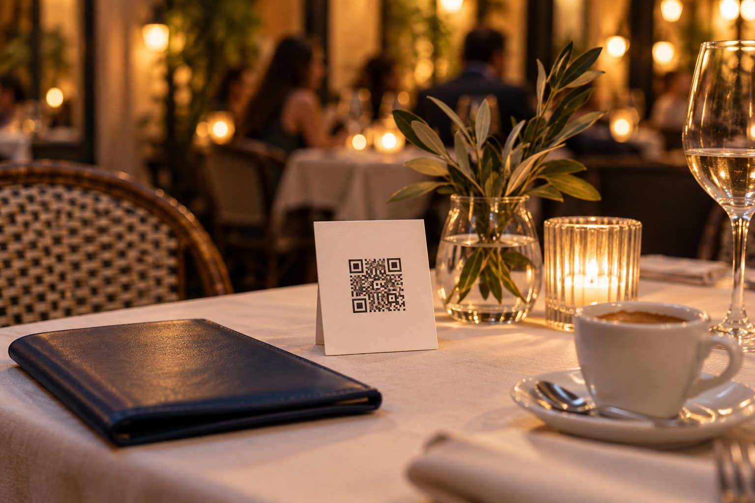 Cartoncino con QR code per lasciare una recensione sul tavolo di un ristorante