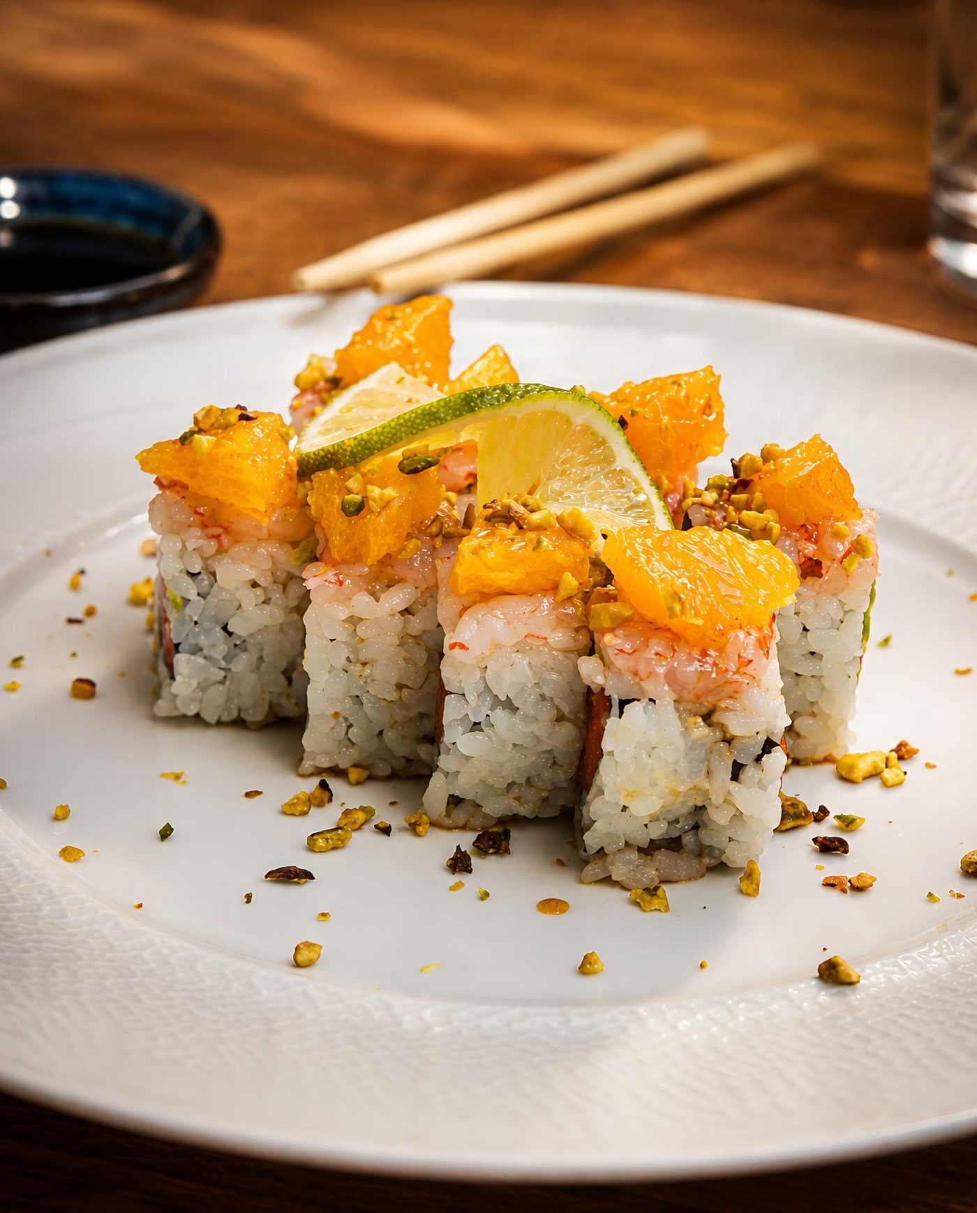 Piatto di uramaki fotografato con luce laterale su piatto bianco, esempio di food photography per ristorante